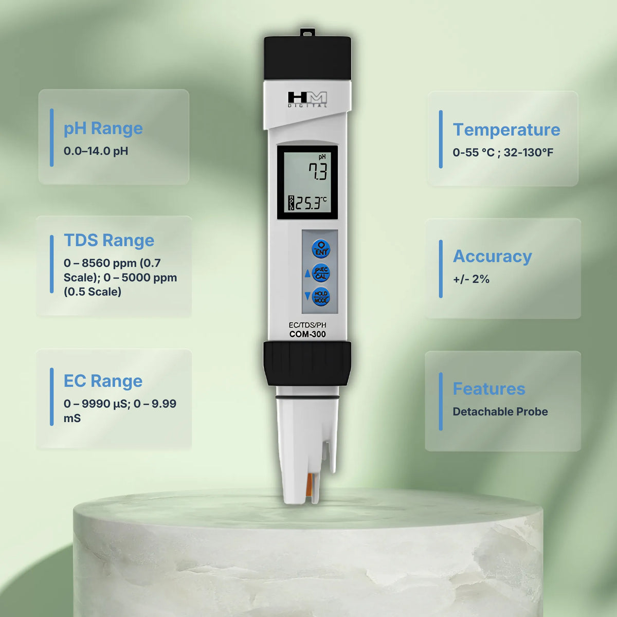 HM DIGITAL COM-300 Waterproof Professional Series pH/EC/TDS/Temperature Meter Specifications