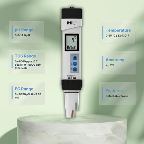 HM DIGITAL COM-300 Waterproof Professional Series pH/EC/TDS/Temperature Meter Specifications