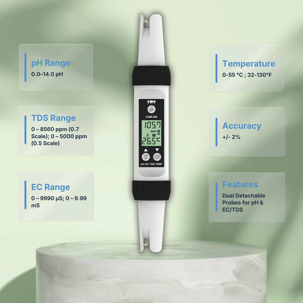 HM DIGITAL COM-360 Waterproof Professional Series pH/EC/TDS/Temperature Meter Specifications
